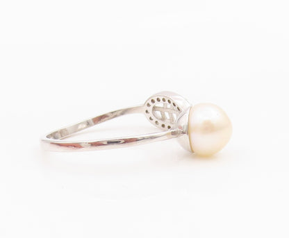 925 Sterling Silver Vintage Ring Elegant Pearl & CZ Floral Leaf  Sz 9  RG34244