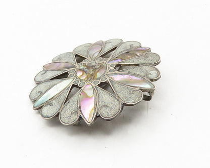 MEXICO 925 Sterling Silver  Vintage Abalone & Jasper Floral Brooch Pin  BP3738