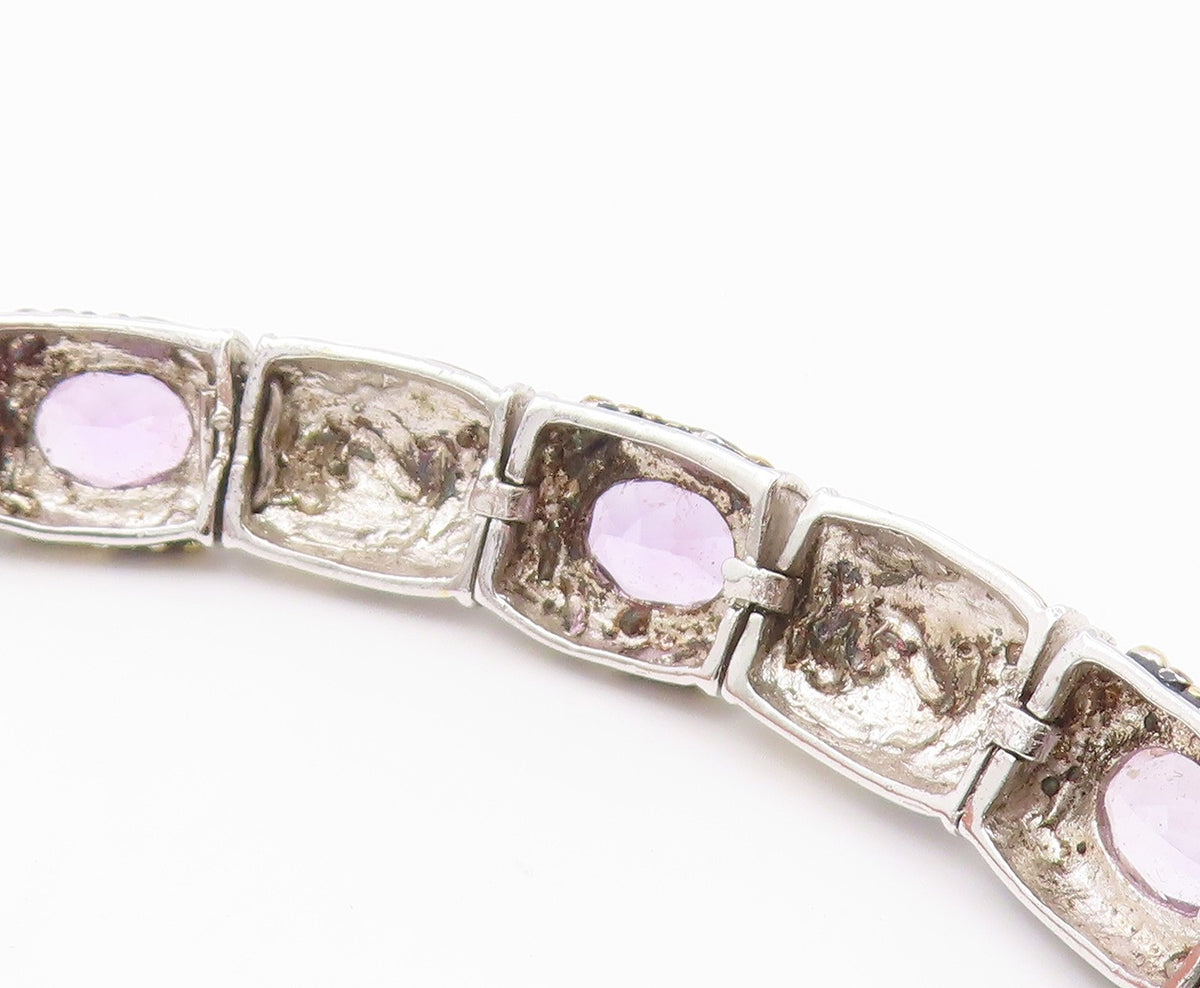 925 Sterling Silver  Vintage Amethyst Two Tone Swirl Chain Bracelet  BT8484