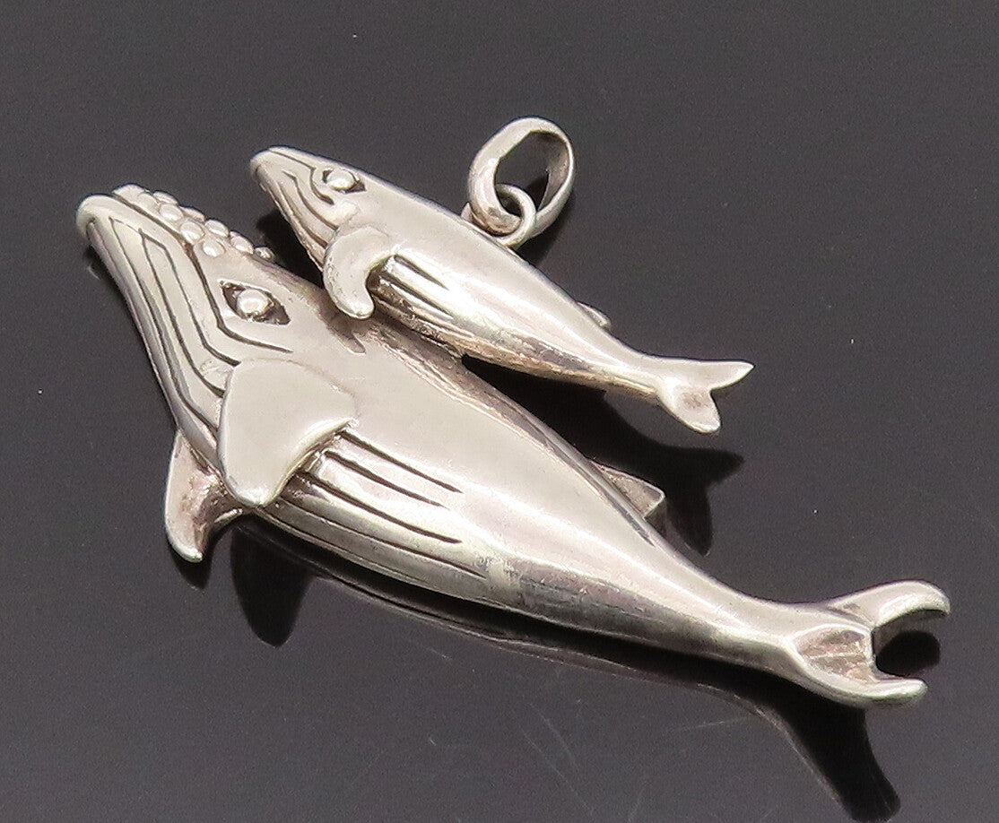 925 Sterling Silver  Vintage Baby & Mommy Swimming Whale Pendant  PT22185
