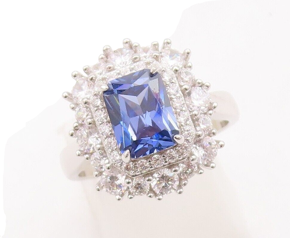 925 Sterling Silver Vintage Ring Designer Blue & White CZ Inlay  Sz 7  RG29796