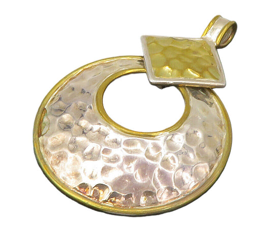 925 Sterling Silver  Vintage Shiny Two Tone Hammered Round Pendant  PT10732
