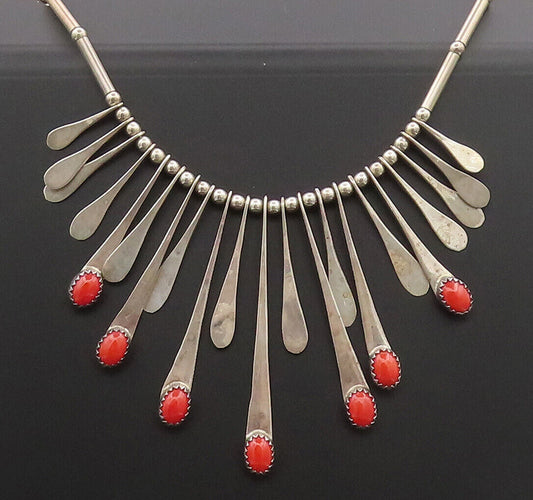 ZUNI NAVAJO 925 Silver - Vintage Tribal Water Drop Red Coral Necklace - NE4191