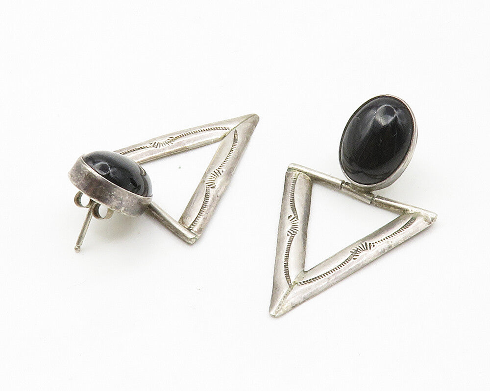 925 Sterling Silver  Vintage Black Onyx Modernist Drop Earrings  EG7202