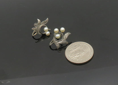925 Silver  Vintage Antique Petite Pearls Floral Non Pierce Earrings  EG10389