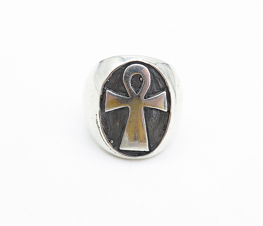 925 Sterling Silver  Vintage Oxidized Egyptian Ankh Band Ring Sz 7.5  RG7478