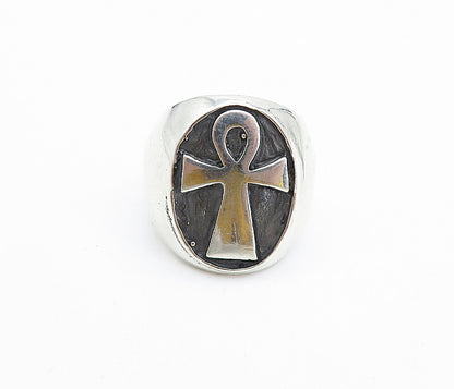 925 Sterling Silver  Vintage Oxidized Egyptian Ankh Band Ring Sz 7.5  RG7478