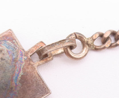 925 Sterling Silver Vintage Key Chain Blue & Red Enameled Carved 'RH'  TR3717
