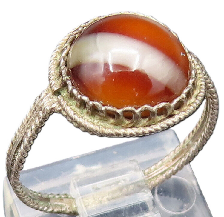 925 Sterling Silver Vintage Antique Brown Agate Twisted Rope Ring Sz 6 RG25631