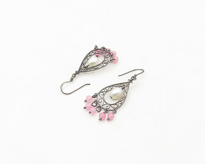 925 Sterling Silver  Vintage Pearl & Rose Quartz Swirl Dangle Earrings  EG9584