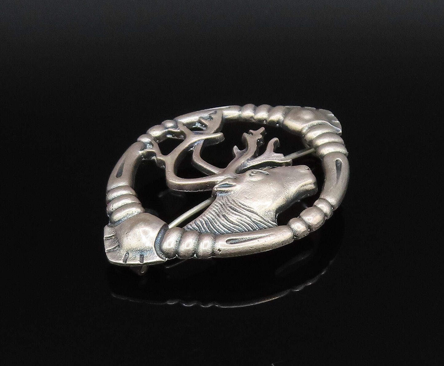 EUROPEAN 925 Silver  Vintage Antique Deer Head Cutout Brooch Pin  BP9879