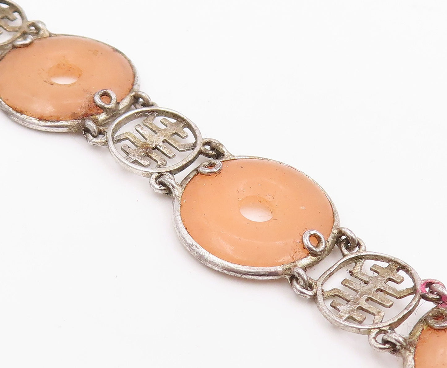 925 Sterling Silver Vintage Bracelet Peach Gemstone Classic Circle Link  BT11982