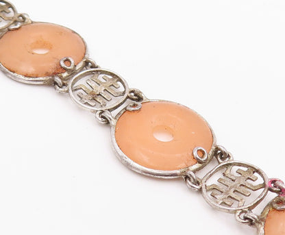 925 Sterling Silver Vintage Bracelet Peach Gemstone Classic Circle Link  BT11982