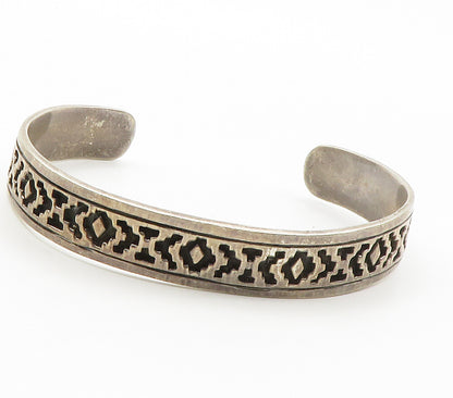 925 Sterling Silver  Vintage Cutout Pattern Dark Tone Cuff Bracelet  BT5792