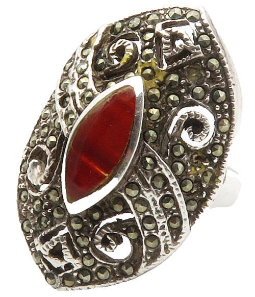 925 Silver   Vintage Carnelian & Marcasite Swirl Cocktail Ring Sz 5  RG14324