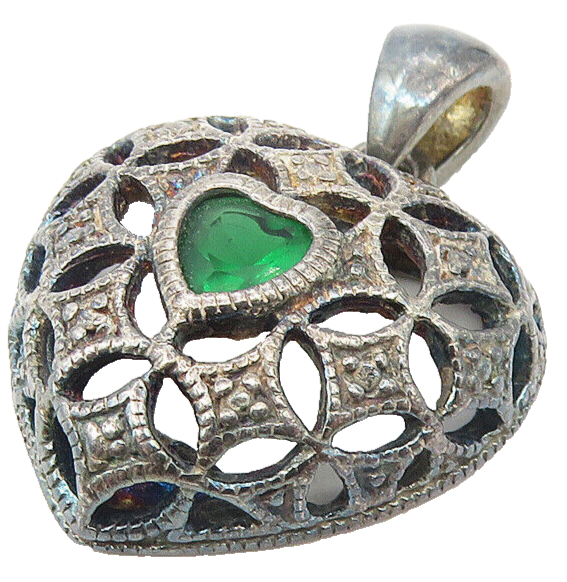 AVON 925 Sterling Silver  Vintage Green Topaz Love Heart Dome Pendant  PT9215