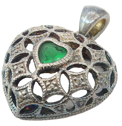 AVON 925 Sterling Silver  Vintage Green Topaz Love Heart Dome Pendant  PT9215