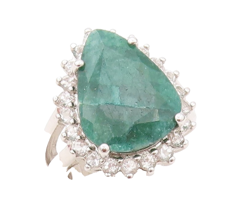 925 Sterling Silver Vintage Ring Drop Cut Green Gemstone & CZ  Sz 5  RG30564
