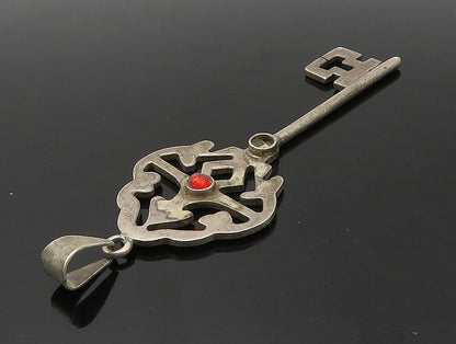 MEXICO 925 Sterling Silver  Vintage Red Stone Dark Tone Key Pendant  PT19831