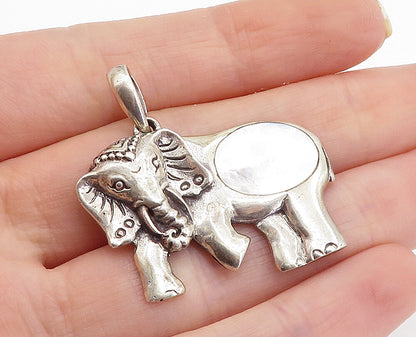 925 Sterling Silver  Vintage Inlaid Mother Of Pearl Elephant Pendant  PT5541