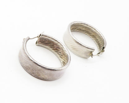 925 Sterling Silver  Vintage Shiny Slanted Etched Round Hoop Earrings  EG7319