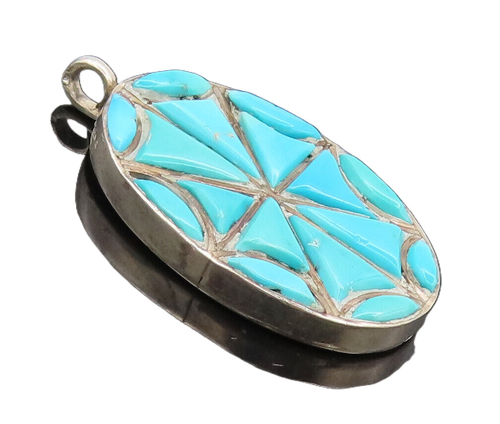 ZUNI NAVAJO 925 Silver  Vintage Spider Turquoise Cutout Oval Pendant PT22306