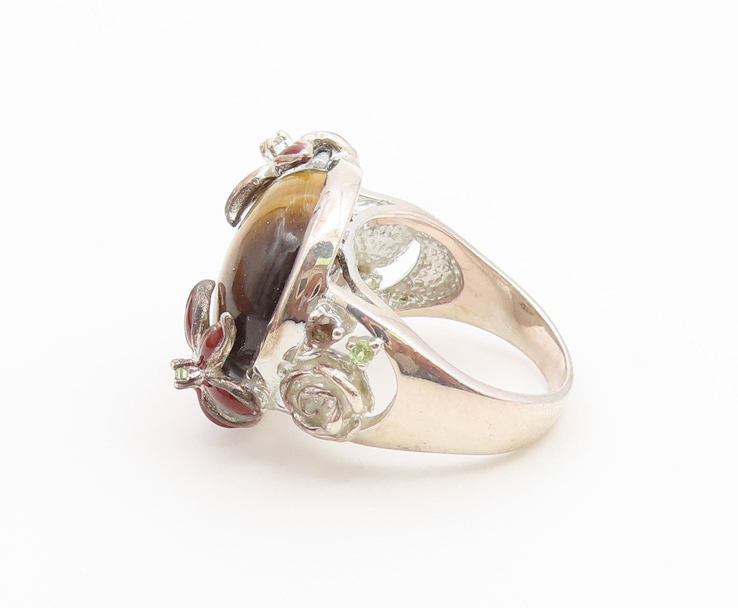 925 Sterling Silver Vintage Ring Tiger's Eye Enamel Floral Band  Sz 6  RG36723