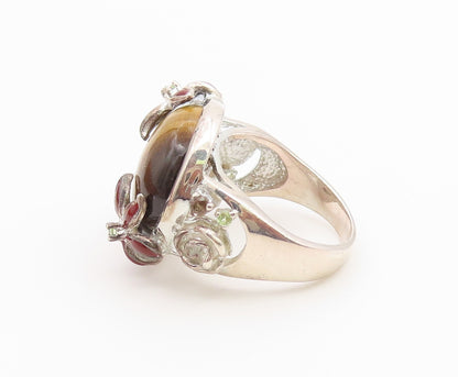 925 Sterling Silver Vintage Ring Tiger's Eye Enamel Floral Band  Sz 6  RG36723