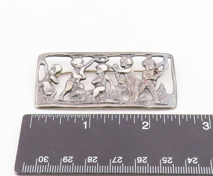 925 Sterling Silver  Vintage Oxidized Children Scene Square Brooch Pin  BP4649
