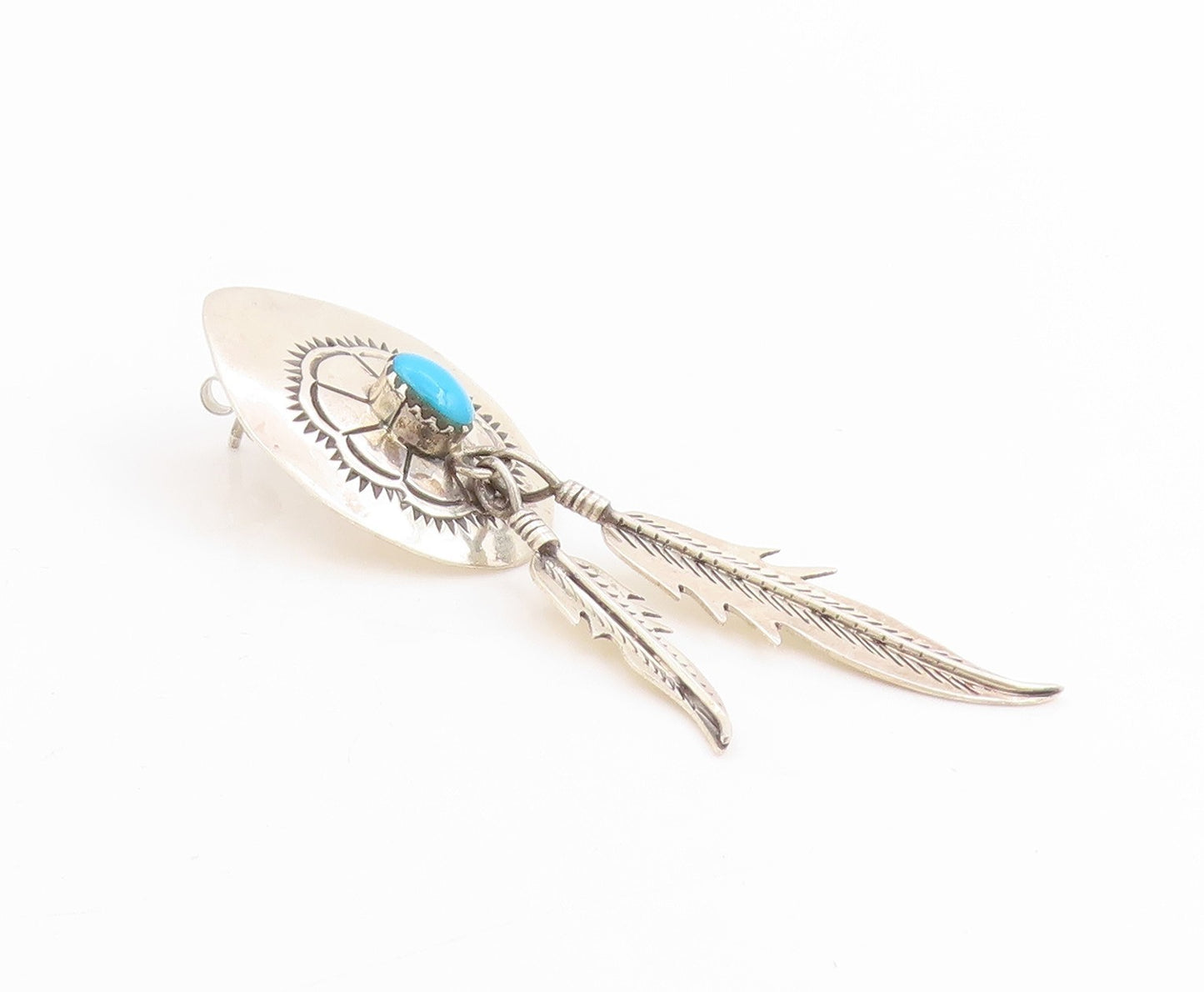 925 Sterling Silver Vintage Earrings NAVAJO Turquoise Feather Dangles  EG13726