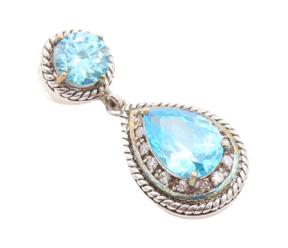925 Sterling Silver Vintage Pendant Drop & Round Cut Blue & White Topaz  PT23767