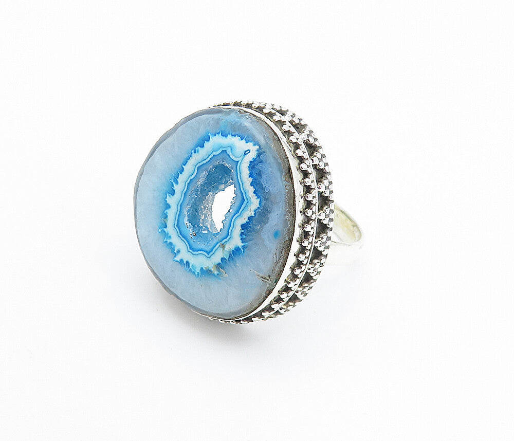 925 Sterling Silver  Blue Agate Patterned Border Cocktail Ring Sz 10.5  RG8175