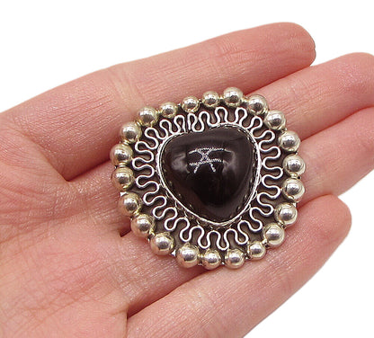 MEXICO 925 Silver Vintage Black Onyx Love Heart Pendant Brooch Pin BP1041