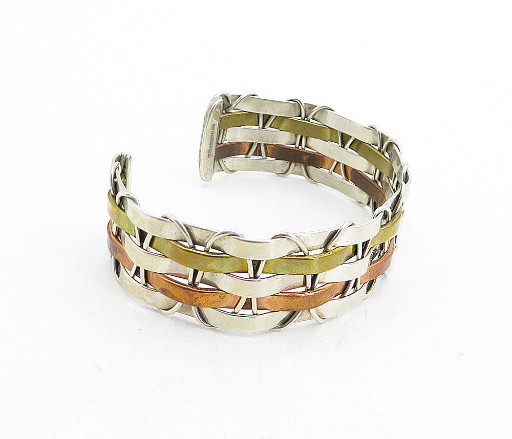 MEXICO 925 Sterling Silver  Vintage Shiny Three Tone Cuff Bracelet  BT1957
