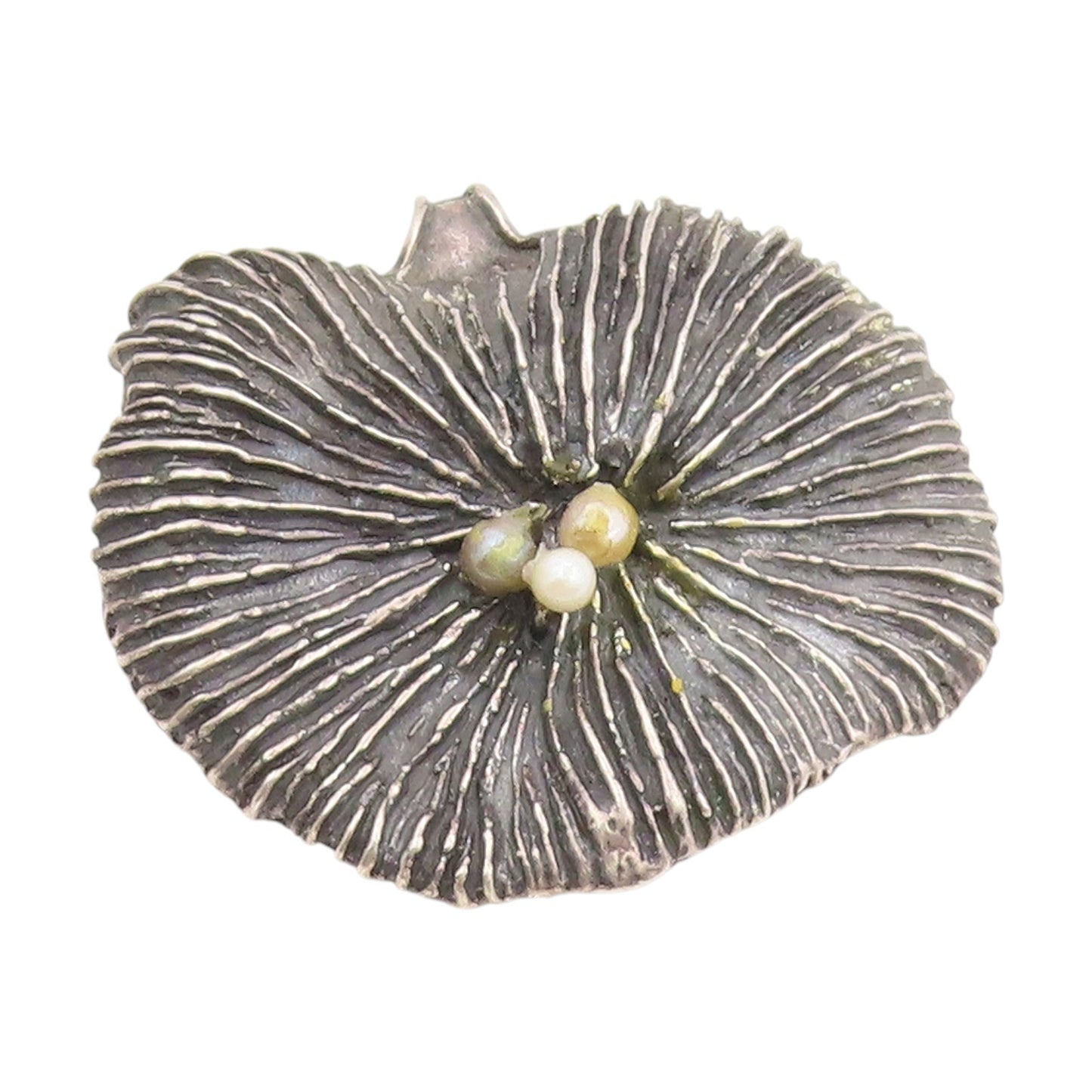 925 Sterling Silver Vintage Brooch ISRAEL Pearl Dark Tone Ribbed Leaf  BP11860