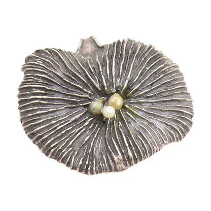 925 Sterling Silver Vintage Brooch ISRAEL Pearl Dark Tone Ribbed Leaf  BP11860