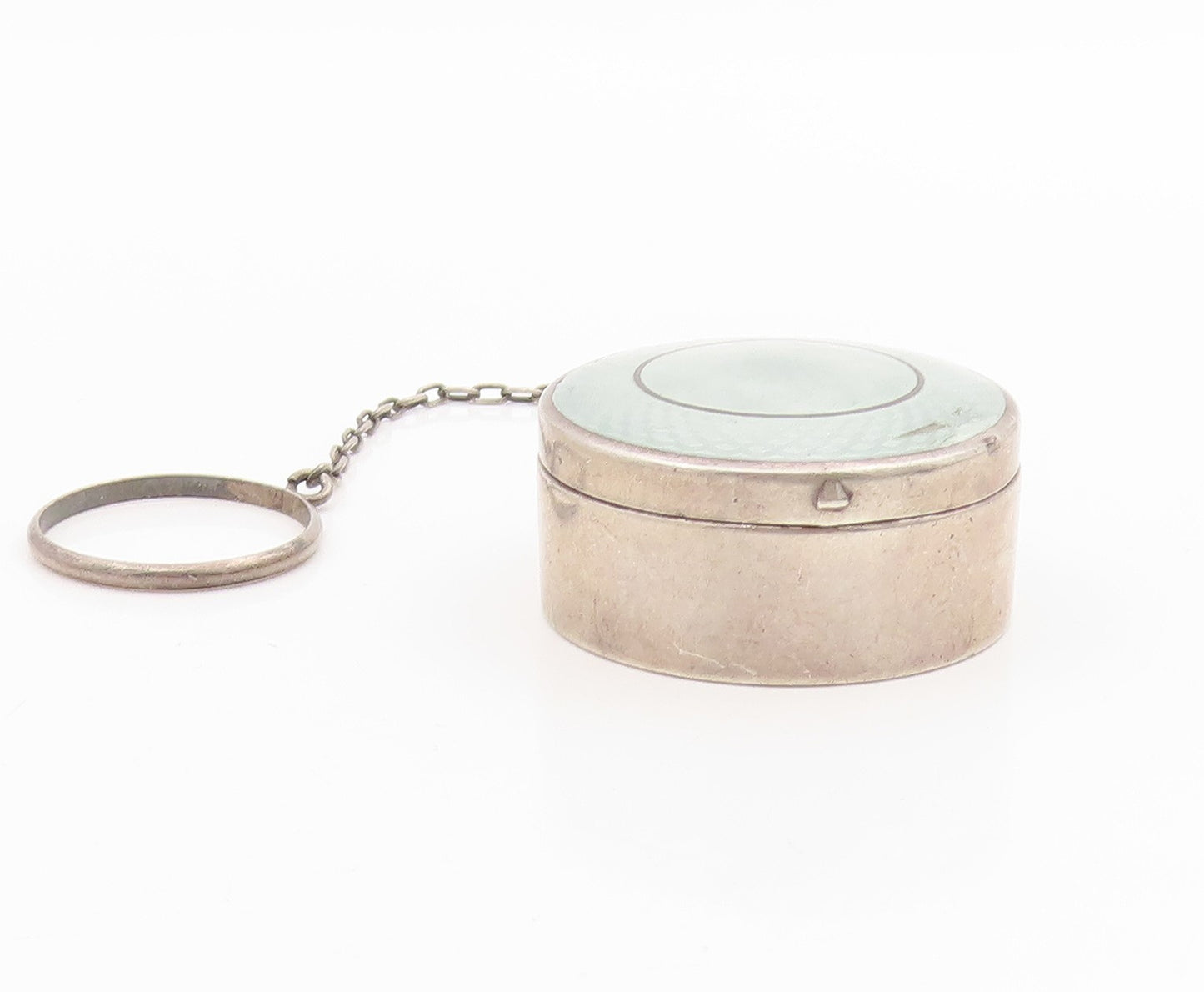 925 Sterling Silver Vintage Pill Box Floral Enameled With Chain OPENS  TR4144