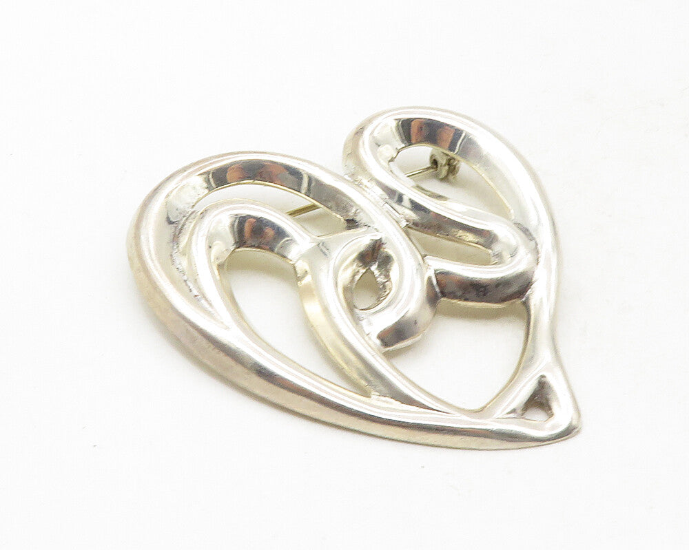 MEXICO 925 Sterling Silver  Vintage Shiny Swirl Love Heart Brooch Pin  BP3616