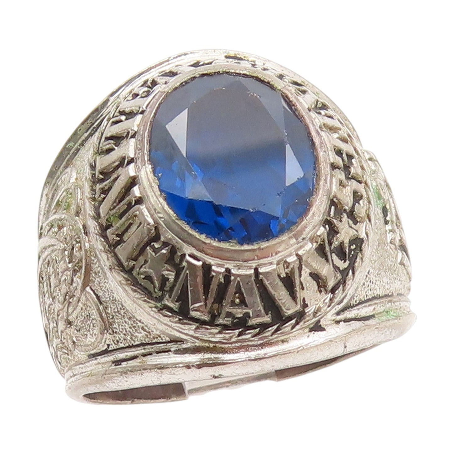 925 Sterling Silver Vintage Ring Blue CZ US Navy Veteran Eagle  Sz 9  RG34617