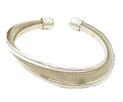 925 Sterling Silver  Vintage Shiny Mesh Detail Split Cuff Bracelet  BT6632
