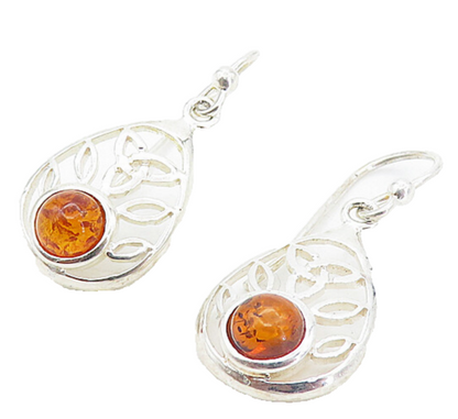 925 Sterling Silver  Cabochon Cut Amber Celtic Knot Dangle Earrings  EG3668