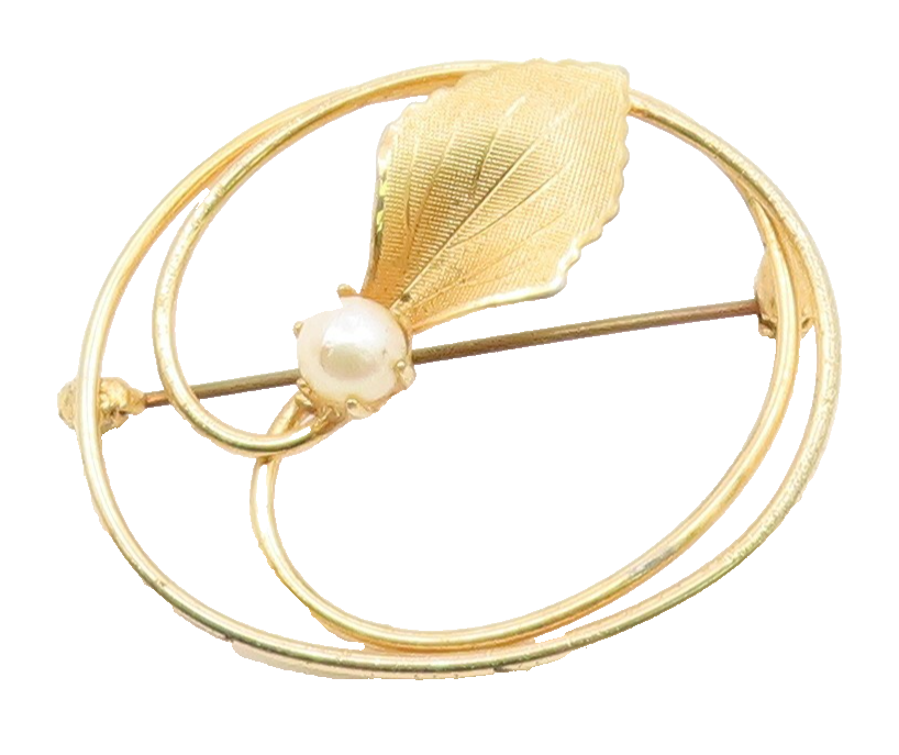 925 Silver  Vintage Single Freshwater Pearl & Leaf Swirl Brooch Pin  BP10006