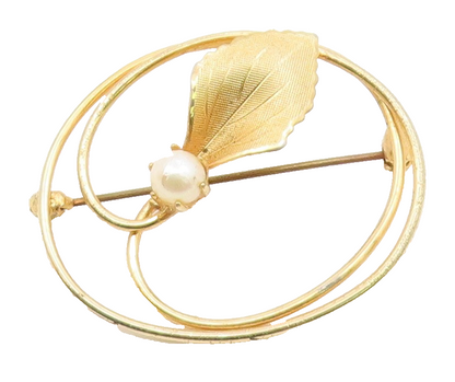 925 Silver  Vintage Single Freshwater Pearl & Leaf Swirl Brooch Pin  BP10006