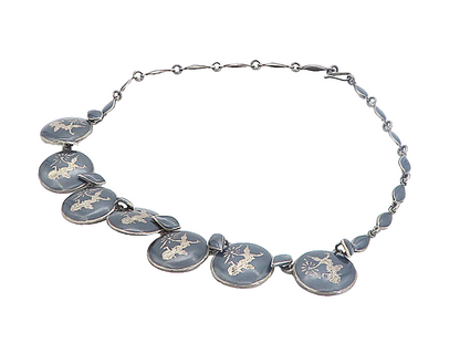 SIAM 925 Sterling Silver  Vintage Enamel Niello Dancer Chain Necklace  NE1379