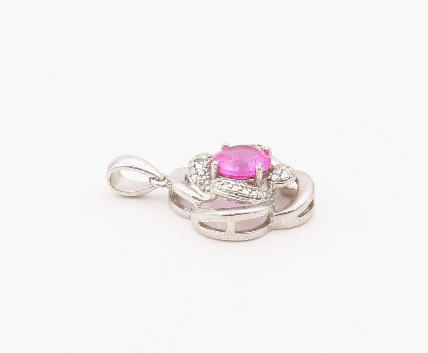 925 Sterling Silver Vintage Pendant Modernist Pink Topaz Floral Charm  PT26328