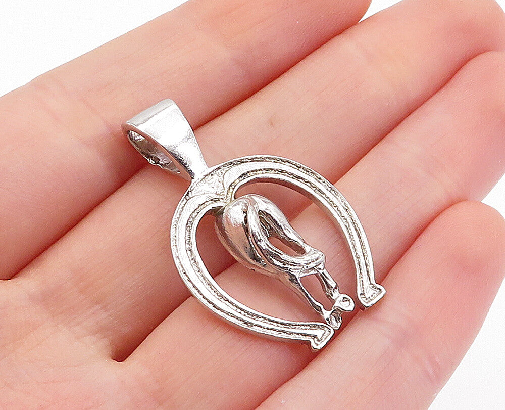 925 Sterling Silver  Vintage Shiny Etched Horse Shoe & Tail Pendant  PT3646