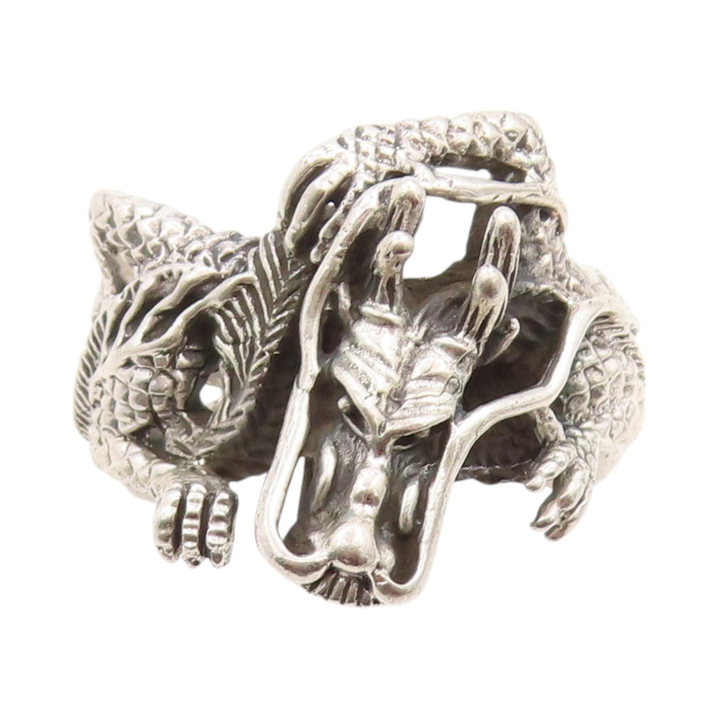 925 Sterling Silver Vintage Ring Dark Tone Large Chinese Dragon  Sz 5  RG32856