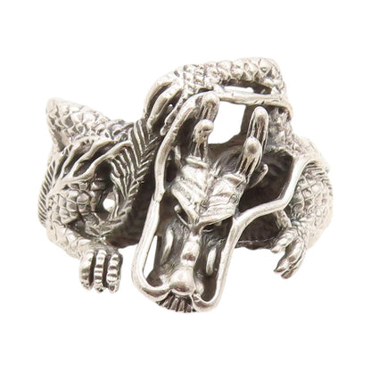 925 Sterling Silver Vintage Ring Dark Tone Large Chinese Dragon  Sz 5  RG32856
