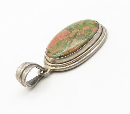 925 Sterling Silver  Vintage Cabochon Cut Unakite Oval Drop Pendant  PT11729