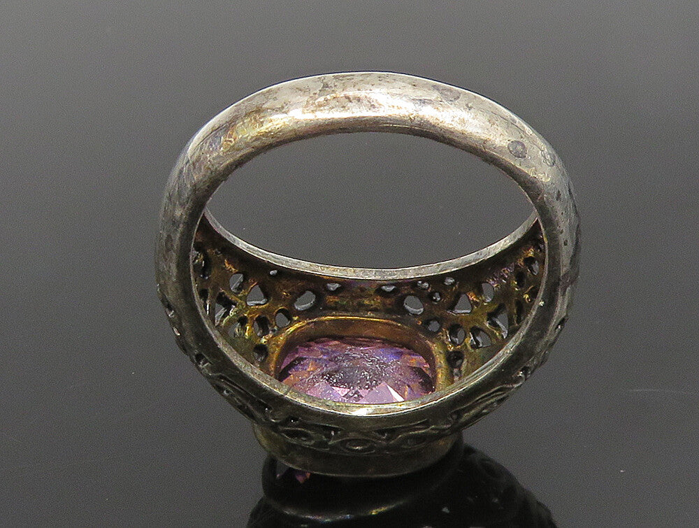 925 Sterling Silver  Vintage Pink Cubic Zirconia Scroll Ring Sz 10  RG24659